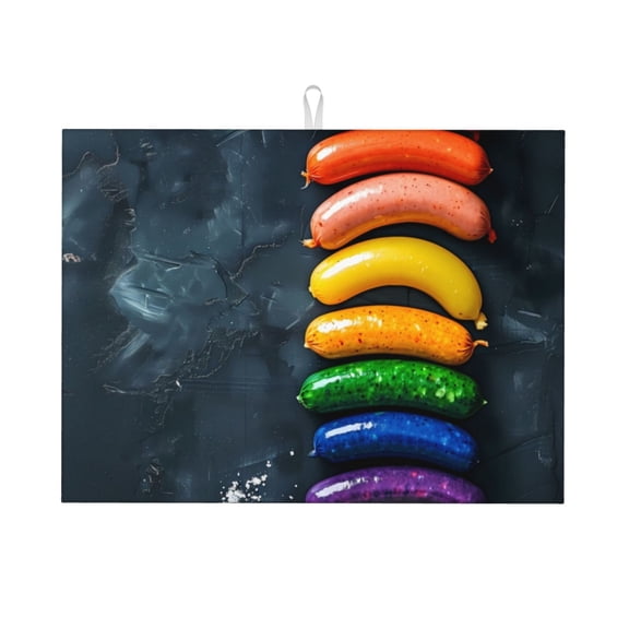 Kdxio Rainbow Sausages On Dark Slate for Dish Drying Mat,24*18 inch Absorbent Dish Drainer Kitchen Counter,Large Size Dish Drying Pad for Countertops,Draining Racks