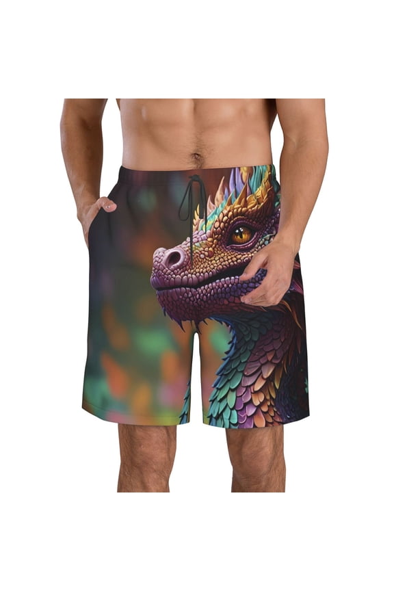 Rainbow Scales Fantasy Dragon Pattern Mens Casual Shorts - Drawstring Summer Beach Sports Shorts for Men