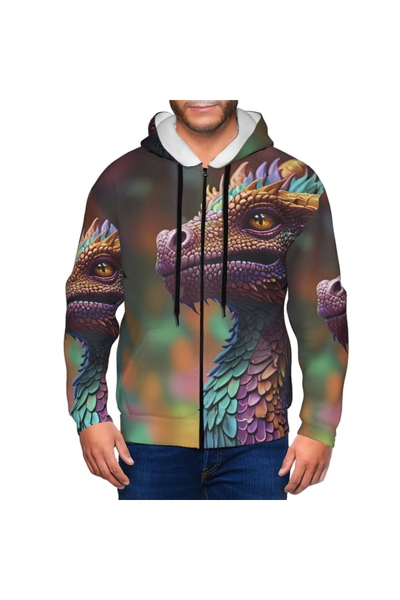 Rainbow Scales Fantasy Dragon Print Men Hoodies Casual Hoodies for Men with Zip Pockets Full Zip Long Sleeve Sweatshirt Sports Hooded Jacket-Small