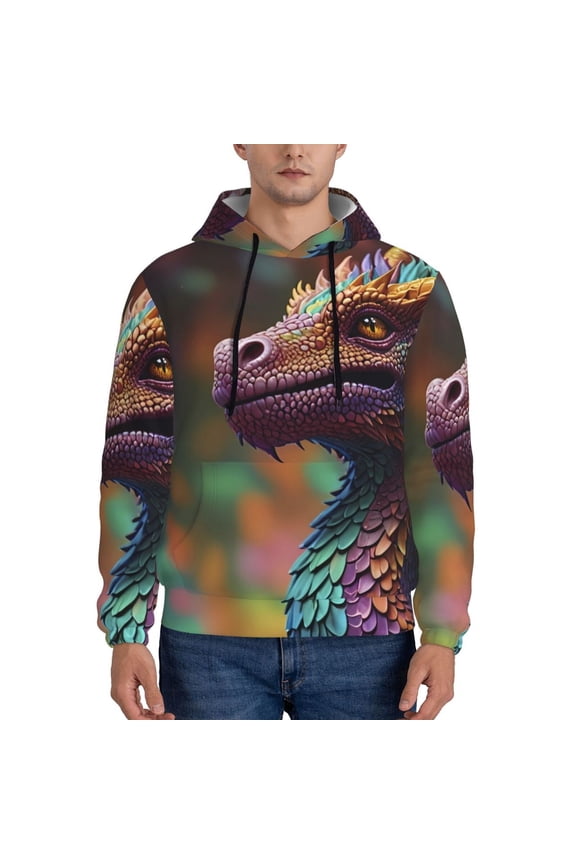 Rainbow Scales Fantasy Dragon Print Mens Casual Hooded Collar Drawstring Hoodies Pullover Sweatshirts Casual Long Sleeve Shirts-Large