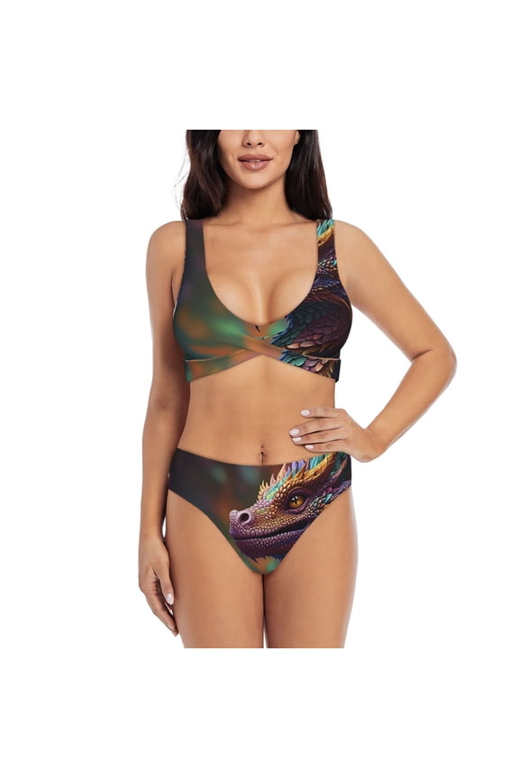 Rainbow Scales Fantasy Dragon Print Women's 2 Piece High Waisted Wrap Spaghetti Strap Summer Swimsuit Bikini Set-Medium