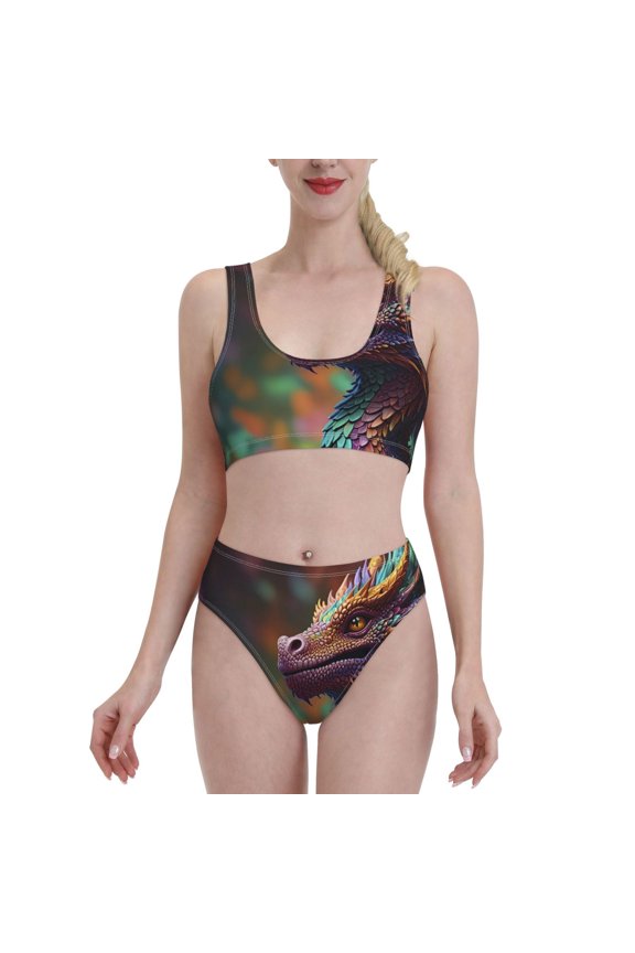 Rainbow Scales Fantasy Dragon for Womens High Waisted Bikini Top Sports Style Two Piece Bathing Suits