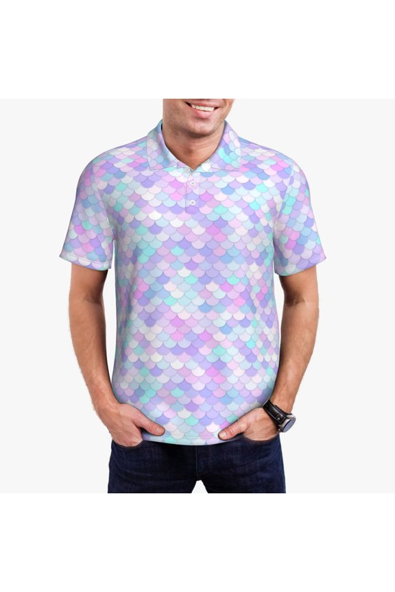 Rainbow Scales Print Men's Short Sleeve Polo Shirt,Midweight Men's Shirt