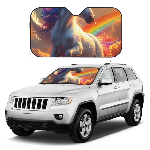 Kdxio Rainbow Sunset Cloud White Horse Print Windshield Sun Shade, Foldable Sun Blocker for Car,Truck,SUV Automotive Interior Sun Protection,Reflective Shade for Front Windshield(Small)