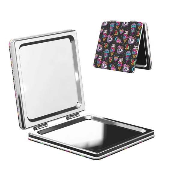 Kdxio Rainbow Unicorn And Cat Icecream Pocket Mirror, 1X/2X Travel Makeup Mirror 2-Sided Folding Small Mirror Portable Double-Sided Magnifying Cosmetic Mirror for Gift-Square