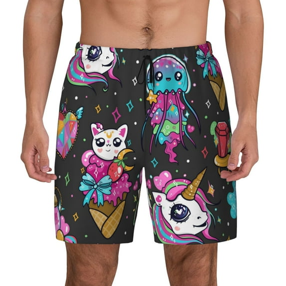 Kdxio Rainbow Unicorn Print Men'S Swim Trunks With Compression Liner 7 Inch Inseam Quick Dry Swim Shorts