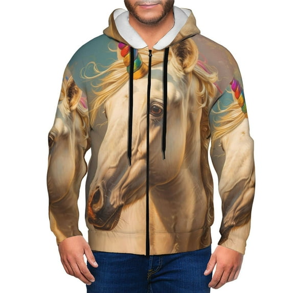 Kdxio Rainbow White Horse Print Men Hoodies Casual Hoodies for Men with Zip Pockets Full Zip Long Sleeve Sweatshirt Sports Hooded Jacket-Medium