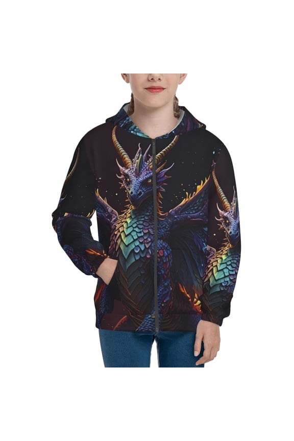Rainbow Wings Majestic Dragon Pattern Kids Boys Girls Zip Up Hoodie 3D Printed Hooded Sweatshirt Hoody Coat with Pocket 7-12 Y-Medium