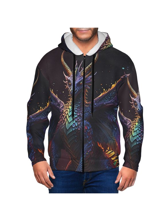 Rainbow Wings Majestic Dragon Print Men Hoodies Casual Hoodies for Men with Zip Pockets Full Zip Long Sleeve Sweatshirt Sports Hooded Jacket-Medium