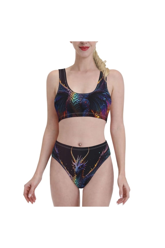 Rainbow Wings Majestic Dragon for Womens High Waisted Bikini Top Sports Style Two Piece Bathing Suits