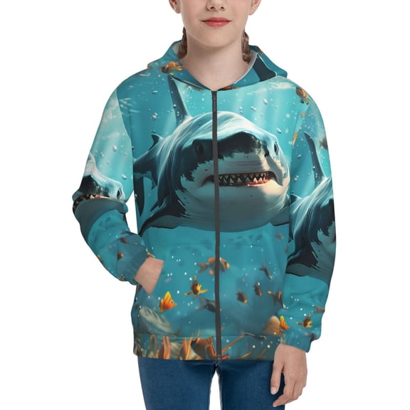 Kdxio Realistic Ocean Shark Pattern Kids Boys Girls Zip Up Hoodie 3D Printed Hooded Sweatshirt Hoody Coat with Pocket 7-12 Y-Medium
