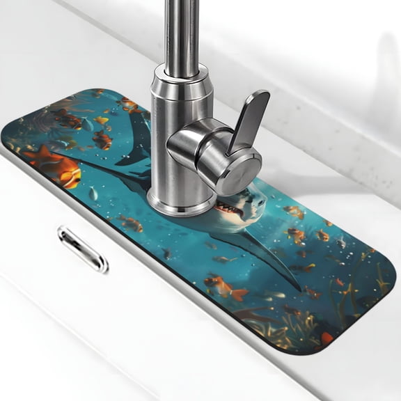 Kdxio Realistic Ocean Shark Pattern Non-Slip Diatom Mud Faucet Drain Pad,Self Absorbent Mat for Kitchen Sink for Variety Kitchen & Bathroom Countertops