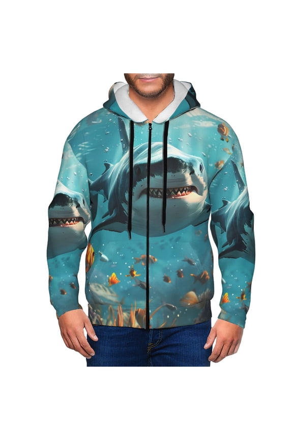 Realistic Ocean Shark Print Men Hoodies Casual Hoodies for Men with Zip Pockets Full Zip Long Sleeve Sweatshirt Sports Hooded Jacket-Small