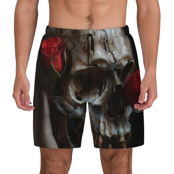 Kdxio Realistic Rose Skull Print Men's Swim Trunks with Compression Liner 7 Inch Inseam Quick Dry Swim Shorts