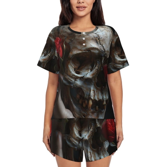 Kdxio Realistic Rose Skull Print Pajamas Sets for Women Short-Sleeved Pjs with Lounge Shorts Two Piece Sleepwear S-4XL