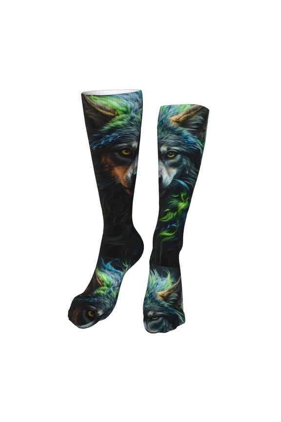 Realistic Style Colorful Wolf A Funny Silky Novelty Funky Long Knee High Socks Soft 3D Print Cosplay Crazy Stockings for Men Women