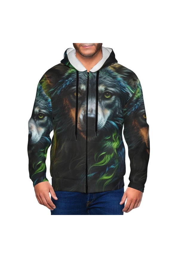Realistic Style Colorful Wolf A Print Men Hoodies Casual Hoodies for Men with Zip Pockets Full Zip Long Sleeve Sweatshirt Sports Hooded Jacket-Small