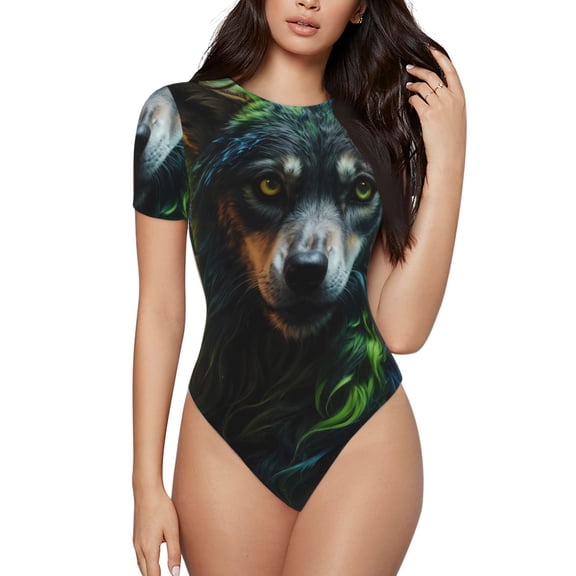 Kdxio Realistic Style Colorful Wolf A for Women's Short-Sleeved Onesie Stylish Round Neck Pajamas Bodysuit Jumpsuit Nightwear-Medium