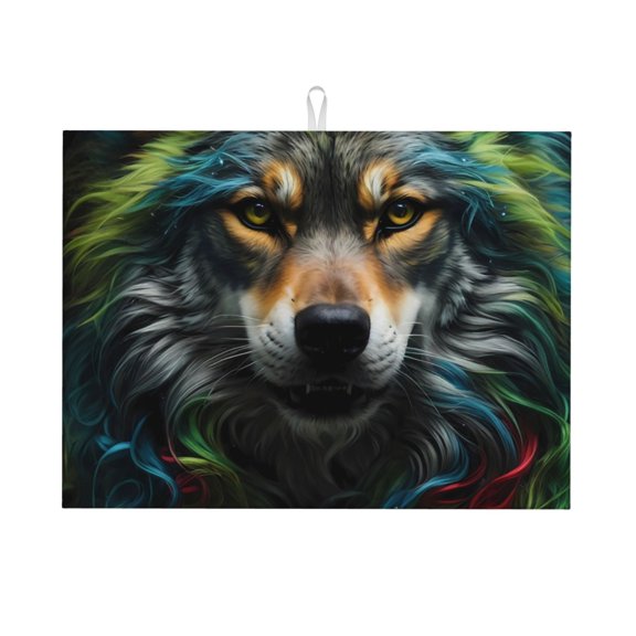 Kdxio Realistic Style Colorful Wolf for Dish Drying Mat,24*18 inch Absorbent Dish Drainer Kitchen Counter,Large Size Dish Drying Pad for Countertops,Draining Racks