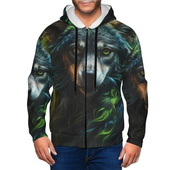 Kdxio Realistic Style Colorful Wolf A Print Men Hoodies Casual Hoodies for Men with Zip Pockets Full Zip Long Sleeve Sweatshirt Sports Hooded Jacket-Large