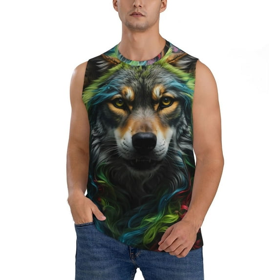 Kdxio Realistic Style Colorful Wolf for Men's Muscle T-shirt,Sleeveless for Workout Running Athletic Gym Lounge Casual
