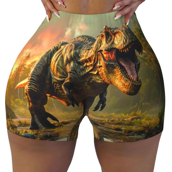 Kdxio Realistic Style Forest Dinosaur Print Workout Shorts for Women Seamless Soft Smooth Gym Yoga Scrunch Active Shorts