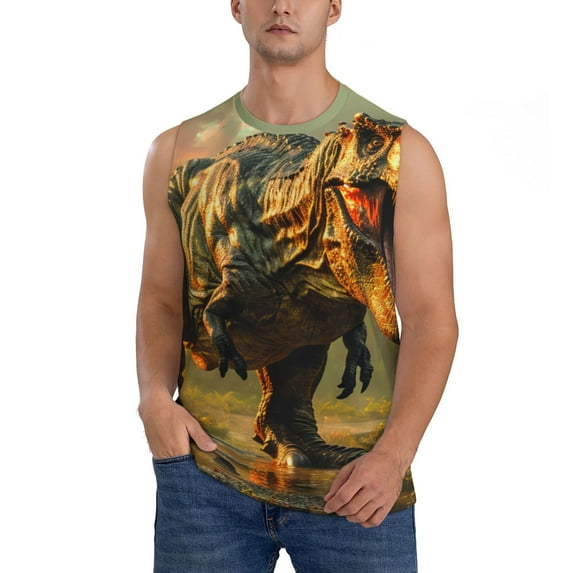 Kdxio Realistic Style Forest Dinosaur for Men's Muscle T-shirt,Sleeveless for Workout Running Athletic Gym Lounge Casual