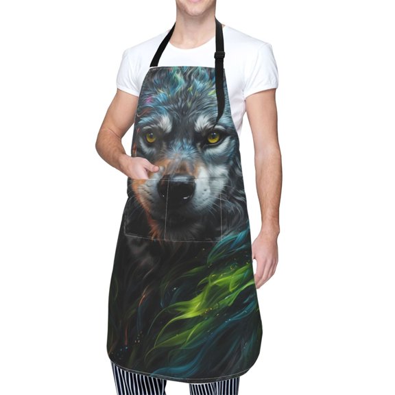 Kdxio Realistic Style Green Fur Wolf Apron with Pockets Adjustable Kitchen Aprons for Men Women Waterproof Aprons for Cooking,Drawing,Crafting, Baking Household Cleaning