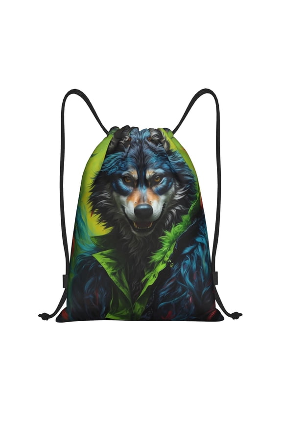 Realistic Style Wolf Warrior Print Drawstring Backpack Bag,Waterproof Draw String Back Sack, Gym Drawstring Bags Swim Bag For Unisex