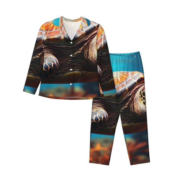 Kdxio Realistic Turtle Women's Pajama Sets Long Sleeve Button Down Sleepwear Nightwear Soft Pjs Lounge Sets-XX-Large