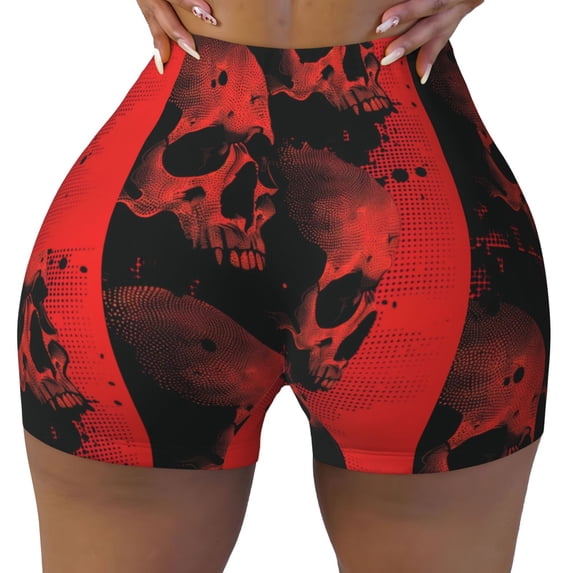 Kdxio Red And Black Abstract Skull Print Workout Shorts for Women Seamless Soft Smooth Gym Yoga Scrunch Active Shorts