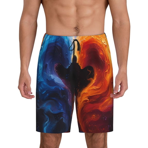 Kdxio Red And Blue Abstract Print Mens Sleep Shorts Bottoms Soft Comfy Pajama Wear Pants with Drawstring Pockets