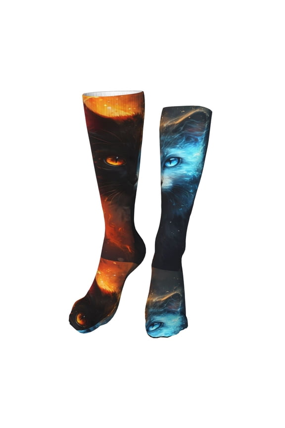 Red And Blue Fire Cat Funny Silky Novelty Funky Long Knee High Socks Soft 3D Print Cosplay Crazy Stockings for Men Women