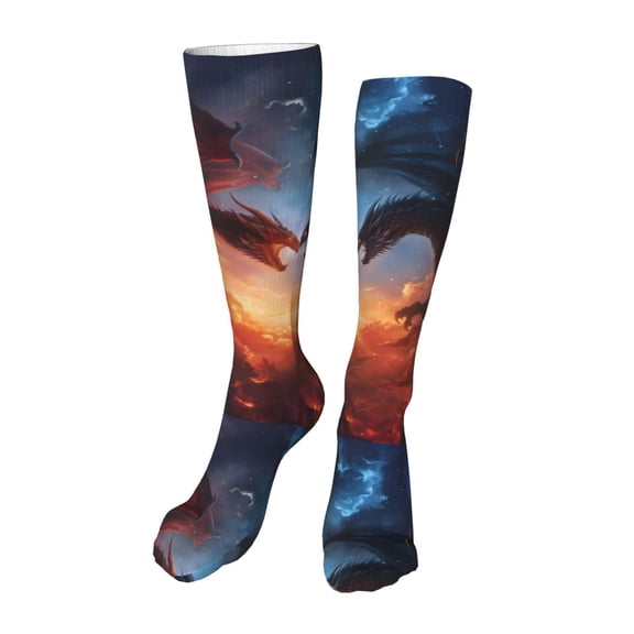 Kdxio Red And Blue Fire Cloud Dragon Funny Silky Novelty Funky Long Knee High Socks Soft 3D Print Cosplay Crazy Stockings for Men Women