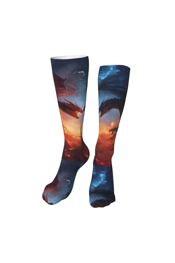Red And Blue Fire Cloud Dragon Funny Silky Novelty Funky Long Knee High Socks Soft 3D Print Cosplay Crazy Stockings for Men Women