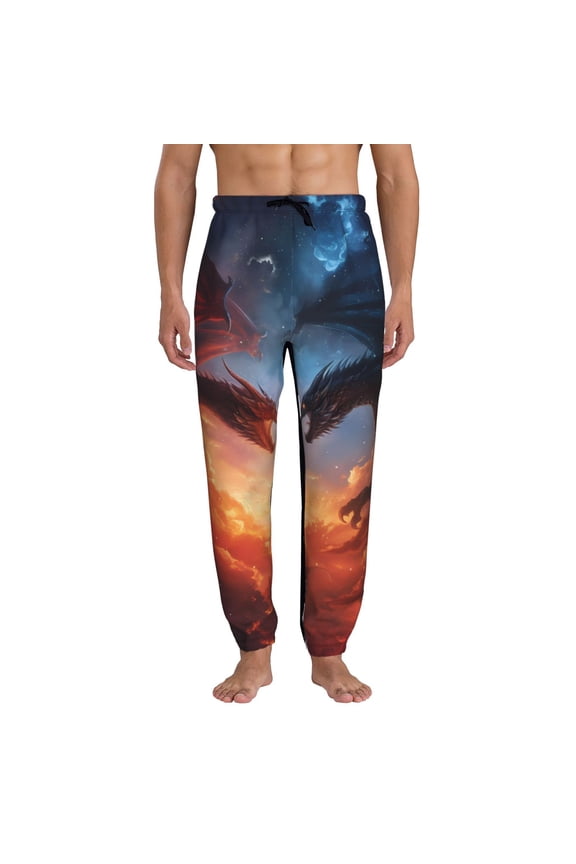 Red And Blue Fire Cloud Dragon Pattern Joggers,Sweatpants for Men with Pockets-Large