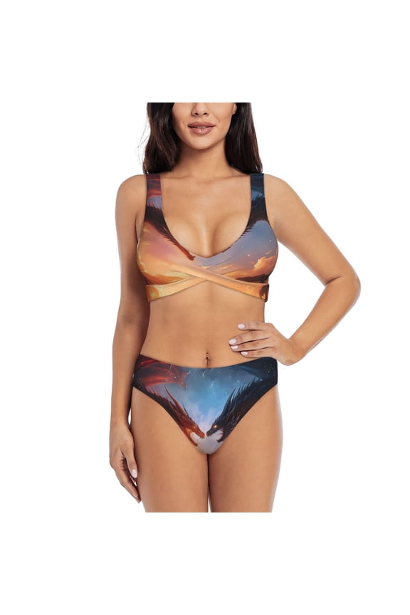 Red And Blue Fire Cloud Dragon Print Women's 2 Piece High Waisted Wrap Spaghetti Strap Summer Swimsuit Bikini Set-Large