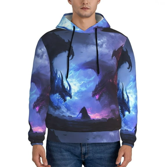 Kdxio Red And Blue Fire Dragon Print Mens Casual Hooded Collar Drawstring Hoodies Pullover Sweatshirts Casual Long Sleeve Shirts-Medium