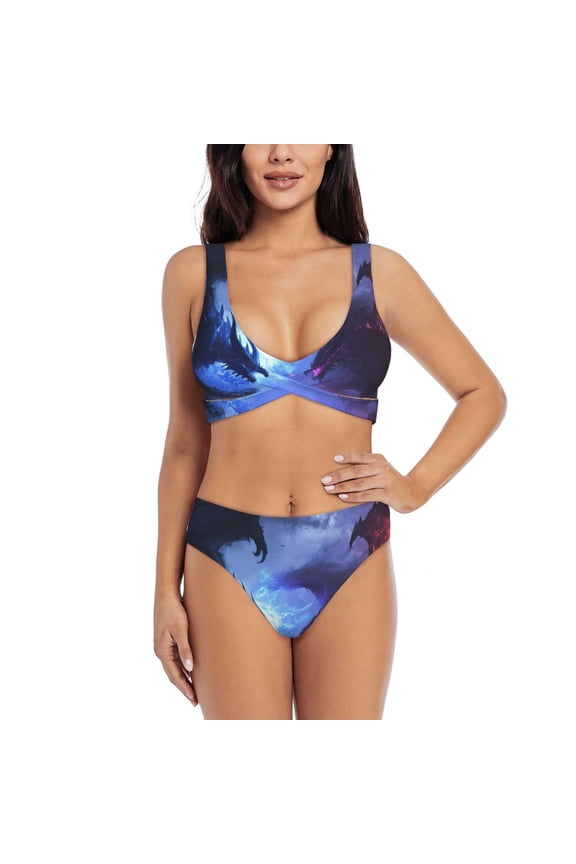 Red And Blue Fire Dragon Print Women's 2 Piece High Waisted Wrap Spaghetti Strap Summer Swimsuit Bikini Set-Small