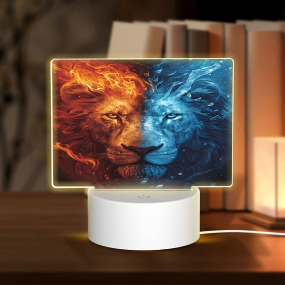 Kdxio Red And Blue Fire Lion Rectangular Acrylic Night Light Acrylic Sleep Night Light Friend Gifts for Birthday Gifts for Women Teens Boys Girls