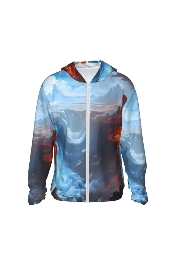 Red And Blue Fire Mountains Print Women Men Sun Protection UPF 50+ Jackets Zip Up Long Sleeve Hoodie Hiking Lightweight with Pockets