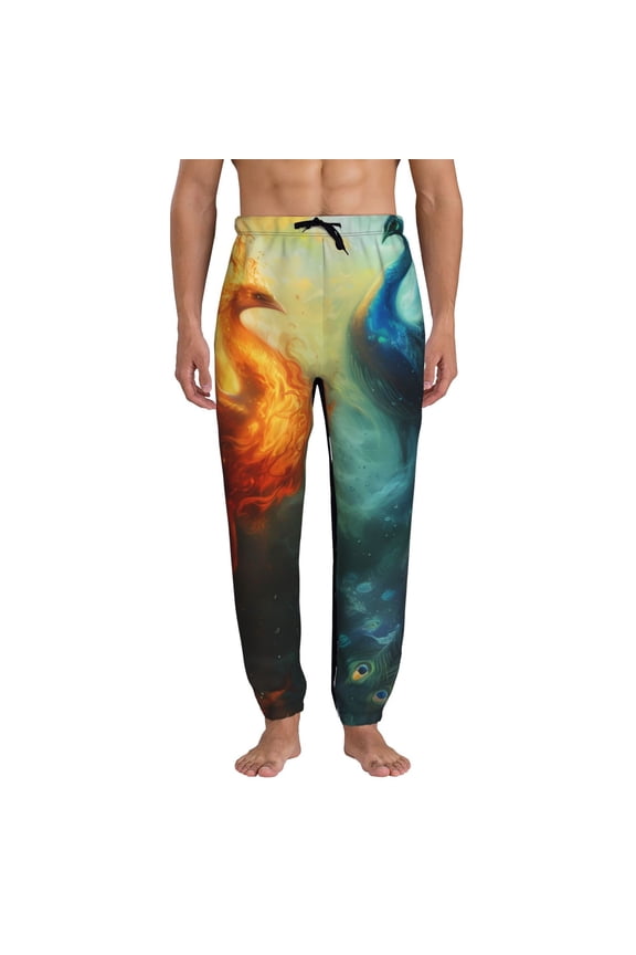 Red And Blue Fire Peacock Pattern Joggers,Sweatpants for Men with Pockets-Medium