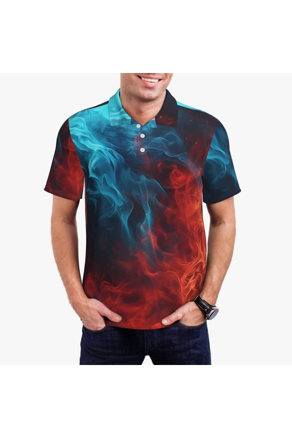 Red And Blue Fire Print Men's Short Sleeve Polo Shirt,Midweight Men's Shirt