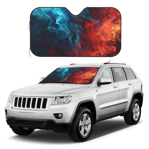 Kdxio Red And Blue Fire Print Windshield Sun Shade, Foldable Sun Blocker for Car,Truck,SUV Automotive Interior Sun Protection,Reflective Shade for Front Windshield(Small)