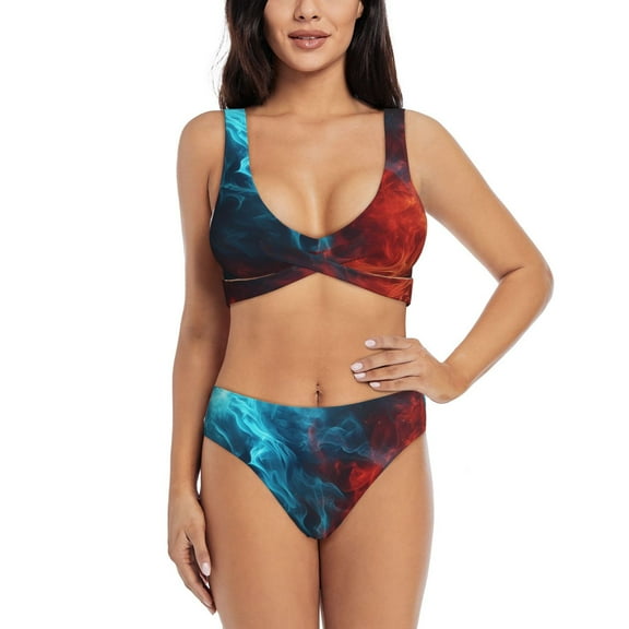 Kdxio Red And Blue Fire Print Women's 2 Piece High Waisted Wrap Spaghetti Strap Summer Swimsuit Bikini Set-XX-Large