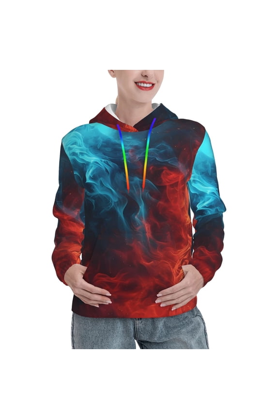 Red And Blue Fire Print Womens Oversized Hoodies Sweatshirts Hooded Pullover Tops Sweaters Casual-Medium
