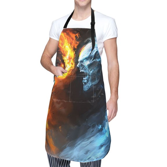 Kdxio Red And Blue Fire Skull Warrior Apron with Pockets Adjustable Kitchen Aprons for Men Women Waterproof Aprons for Cooking,Drawing,Crafting, Baking Household Cleaning