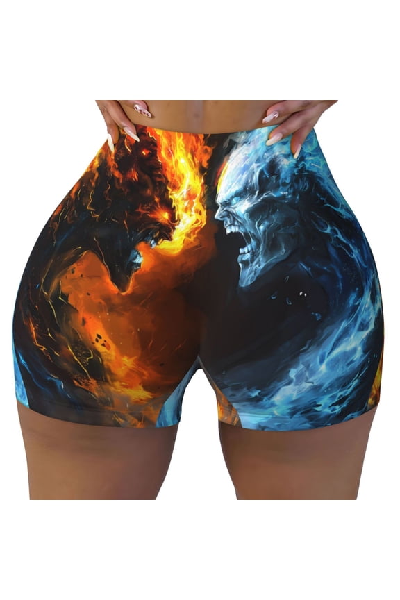 Red And Blue Fire Skull Warrior Print Workout Shorts for Women Seamless Soft Smooth Gym Yoga Scrunch Active Shorts