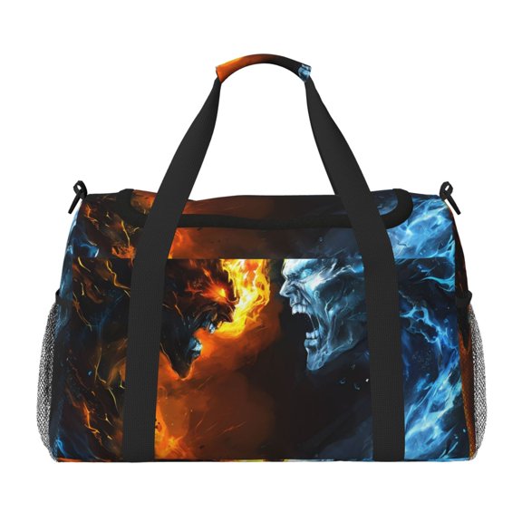 Kdxio Red And Blue Fire Skull Warrior Travel Duffel Bag Gym Bag Weekender Travel Bag Gym Bag for Women &Men Airplane Travel Essentials for Flying