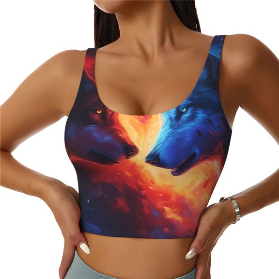 Kdxio Red And Blue Fire Wolf Print Workout Crop Tank Top for Women Racerback Yoga Tank Tops Athletic Sports Shirts Exercise Undershirts